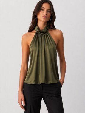 INC Olive 100% Silk Halter Top Size 6 Y2K Euro Chic Draped Blouse Minimal
